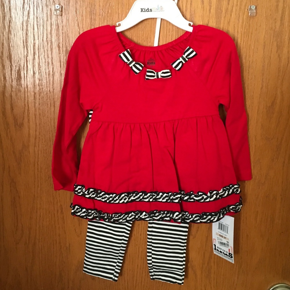 Kids Headquarters Red Tunic & Black/White Stripe Leggings Set 2T NWT